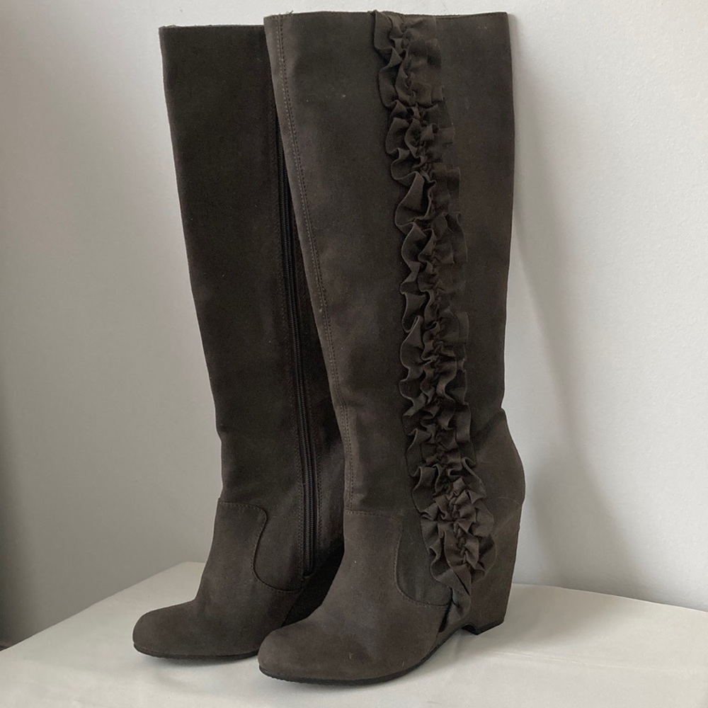 Kohl’s Elle Riva Grey Ruffle Wedge Knee High Boots